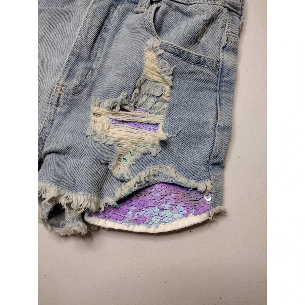 Justice Girls Light Wash Distressed Flip Sequin Denim Shorts Size 8